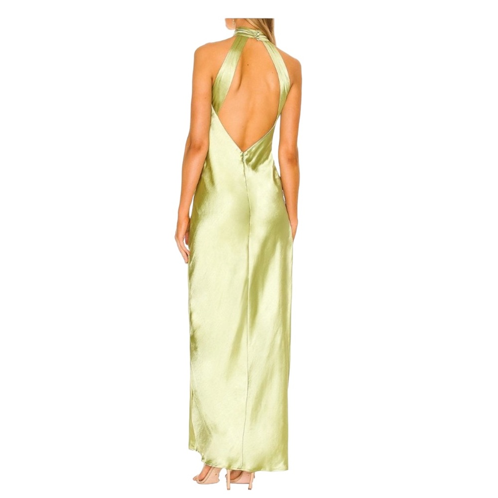 For Love And Lemons Lime Satin Halter Gown with Thigh Slit - Picture 3 of 16